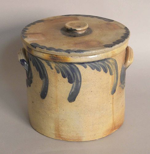 Stoneware lidded crock, 19th c., with cobalt decor