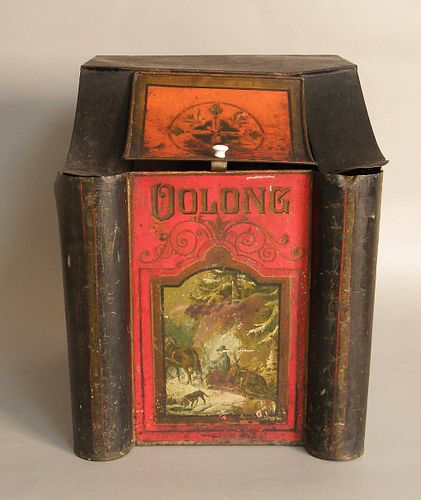 Painted tin Oolong tea canister, 19th c., 17 1/4".