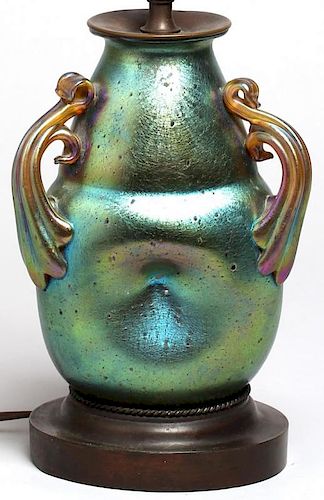 Antique Loetz-Style Iridescent Vase Lamp