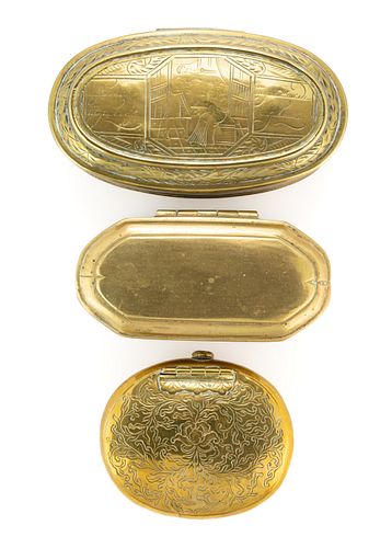DUTCH / FRENCH BRASS TOBACCO BOXES, LOT OF THREE