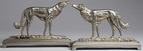 Pair Vintage Silvered Brass Borzoi Dog Bookends