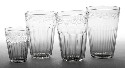 BOHEMIAN PATTERN-MOLDED AND ENGRAVED FLIP GLASSES, LOT OF FOUR