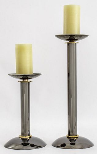 Karl Springer Gunmetal & Brass Candlesticks, Pair