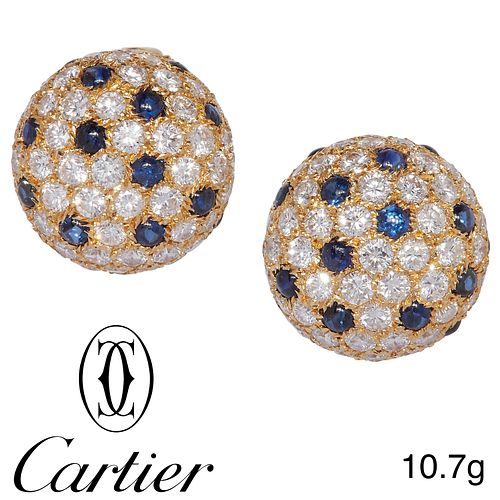 CARTIER, BEAUTIFUL PAIR OF DIAMOND AND SAPPHIRE DOMED EARRINGS,