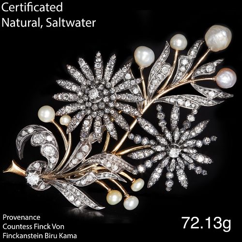 MAGNIFICENT AND RARE LARGE, CERTIFICATED NATURAL SALTWATER  PEARLS AND DIAMOND FLORAL TREMBLANT SPRAY BROOCH. 
