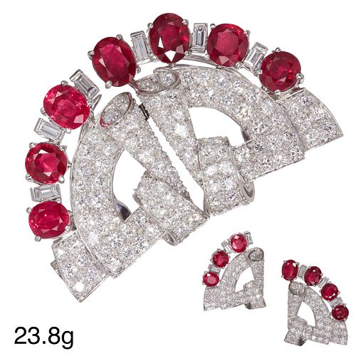 IMPORTANT ART-DECO RUBY AND DIAMOND DOUBLE CLIP BROOCH, 