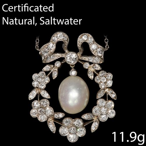 FINE BELLE EPOQUE CERTIFICATED NATURAL SALTWATER PEARL AND DIAMOND PENDANT