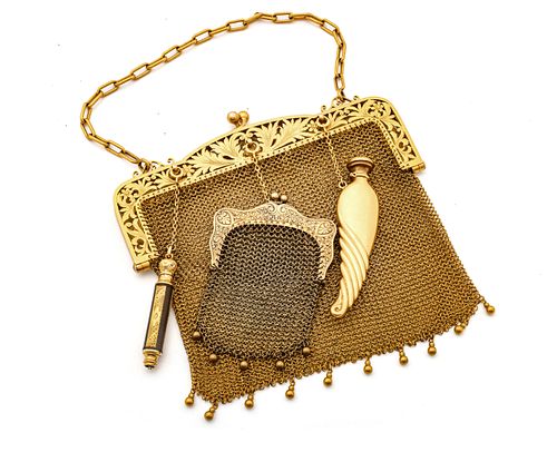 14K Mesh Chainmail Evening Bag, Chatelaine Scent Bottle, Coin Purse, Pencil Pat, 1872, H 5" W 5" 171g