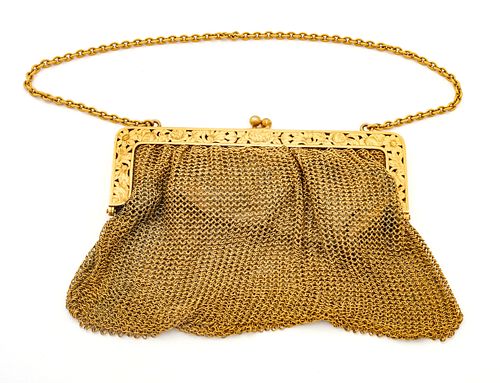 14K Gold Vintage Mesh Chainmail Flapper Evening Bag Ca. 1900, H 4" W 5" 154g