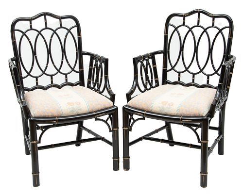 Baker Furniture (American) Black Lacquered Bamboo Style Armchairs, H 39" W 25" Depth 20" 1 Pair