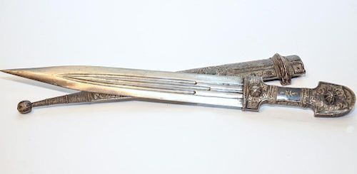 A Niello Silver Caucasian Dagger (Kindjal) with Sheath.