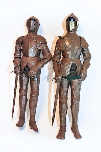 Metal Knights on Wooden Oak Stands, Height: 70cm.