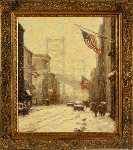 Laurence Campbell (American, B. 1939) Oil On Canvas, "Snow Storm, Ben Franklin Bridge, Philadelphia", H 26" W 22"