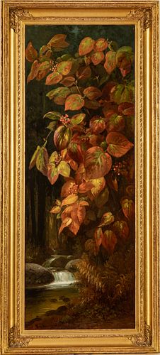 Benjamin Champney (American, 1817-1907) Oil On Panel, Ca. 1875, Viburnum, Artist's Brook, H 48" W 18"