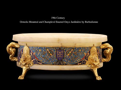 19th C. French Barbedienne Champleve Enamel Ormolu-Mounted Onyx Jardiniere/Centerpiece
