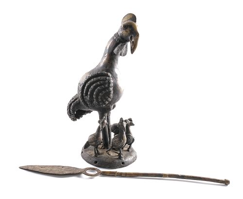 African Bronze Rooster Statue and Spear