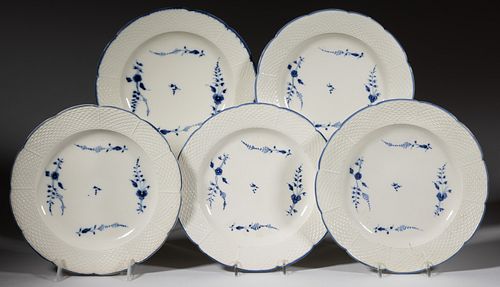 FRENCH CHANTILLY HAND-PAINTED PORCELAIN PLATES, LOT OF FIVE