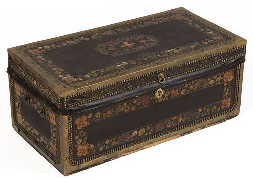 CHINESE EXPORT DECORATED, BRASS-BOUND LEATHER TRUNK