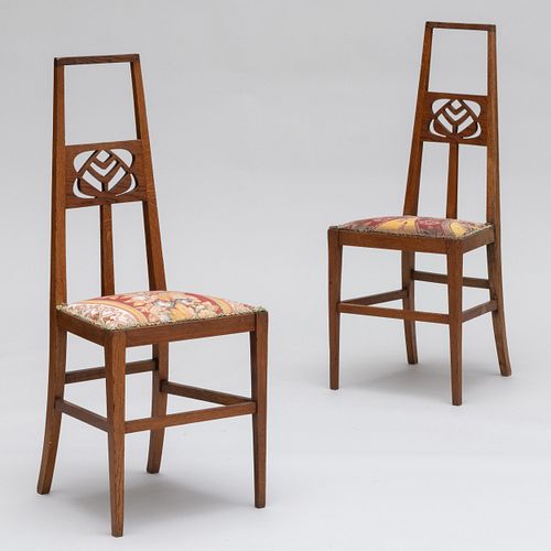 Pair of Arts and Crafts Oak Hall Chairs, E. A. Taylor