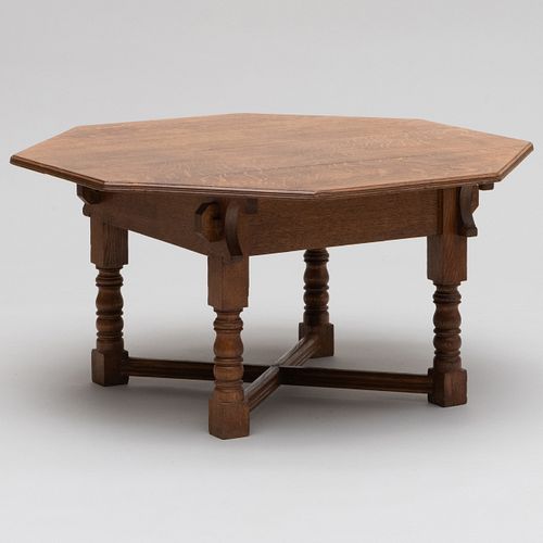 English Arts and Crafts Carved Oak Octagonal Low Table