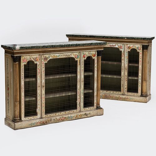 Pair of Edwardian Bronze-Mounted Cream and Polychrome Painted and Parcel-Gilt Side Cabinets 