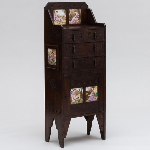 Eastlake Carved Oak Cabinet with Inset Wedgwood Tiles 