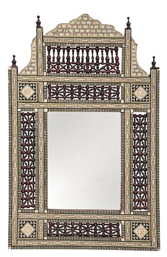 Moorish Style Bone and Mother of Pearl Inlaid Hardwood Mirror
