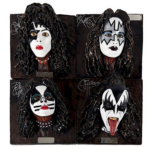Kiss Set of Four Hanging Wall Busts of Gene Simmons, Ace Frehley, Peter Criss, and Paul Stanley.