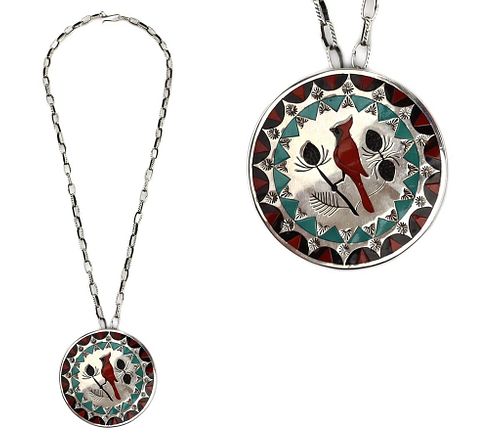 Albert and Dolly Banteah - Zuni - Multi-Stone Inlay and Silver Pin/Pendant with Cardinal Design and Silver Link Chain c. 1970s,