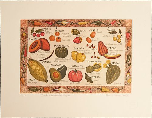 EUGENIA MARCOS, Frutas y verduras de México, Firmado y fechado 2012, Grabado al aguatinta 156/220, 28 x 42 cm imagen / 43 x 57 cm papel