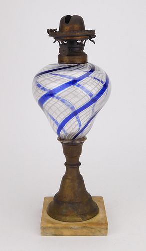 Nailsea type oil lamp with blown glass font
