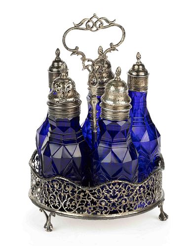 THOMAS NASH I, ENGLISH GEORGIAN STERLING SILVER CRUET STAND WITH FIVE PERIOD GLASS CONDIMENT BOTTLES