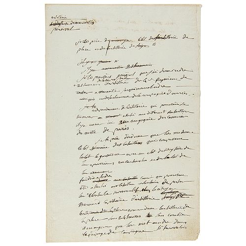 Napoleon Handwritten Letter Draft on the Defense of Marseille: "Tell me about the state of the field artillery or the siege artillery"