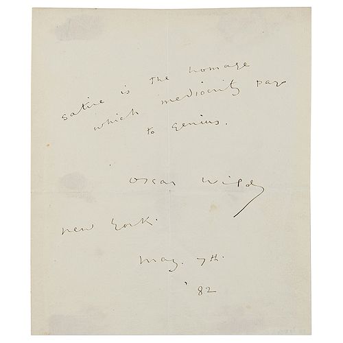Oscar Wilde Autograph Quotation Signed: "Satire is the homage which mediocrity pays to genius"