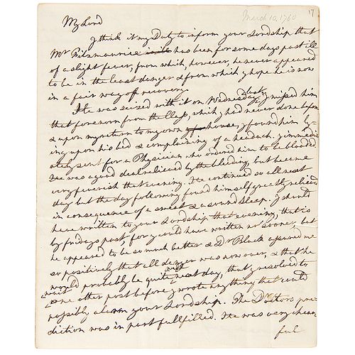 Adam Smith Autograph Letter Signed on a Student&#39;s Sickness - One Year After Publishing The Theory of Moral Sentiments