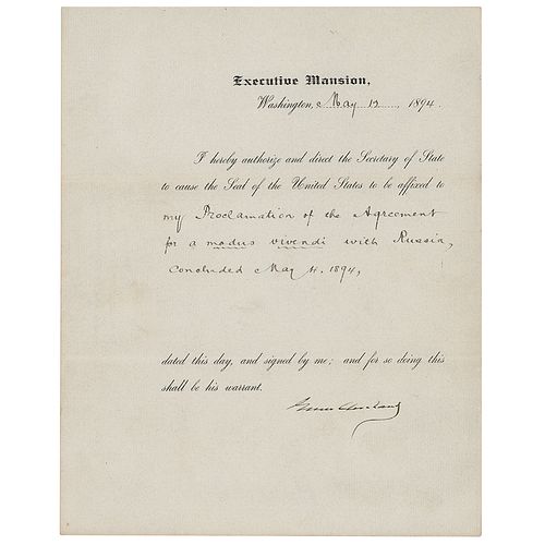 President Grover Cleveland Early Signed Conservation Document with Russia (1894)