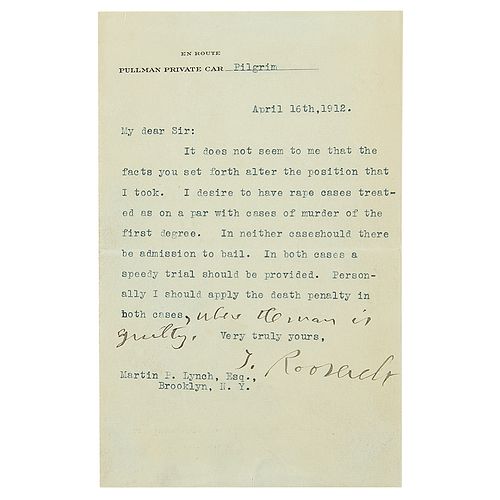 Theodore Roosevelt Typed Letter Signed on Death Penalty