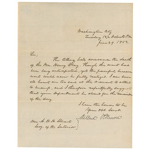 Millard Fillmore Letter Signed as President on Death of Clay