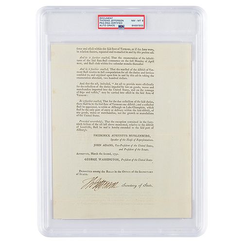 Thomas Jefferson Document Signed as Secretary of State on Vermont&#39;s Entry into Union