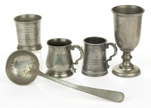 ENGLISH PEWTER DRINKING ARTICLES, LOT OF FIVE
