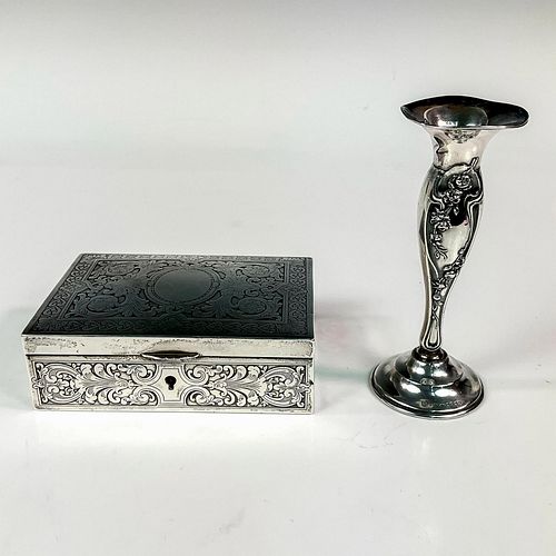 2pc Antique American Sterling Silver Box and Candleholder