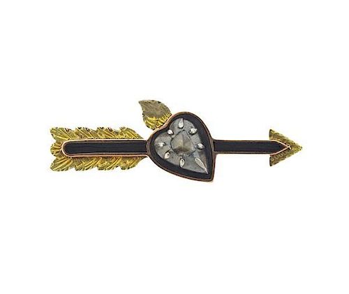 Antique 18K Gold Metal Rose Cut Diamond Arrow Brooch