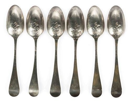 ENGLISH GEORGIAN HERON PICTURE-BACK STERLING SILVER TEASPOONS, SET OF SIX