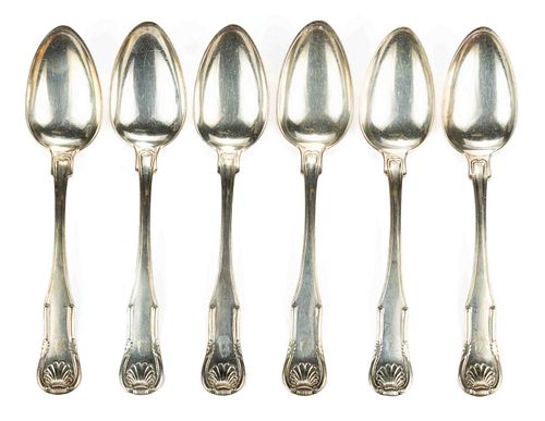 RICHMOND, VIRGINIA RETAILED, EARLY SAMUEL KIRK, BALTIMORE, MARYLAND "KING" 0.917 COIN SILVER TABLESPOONS, SET OF SIX