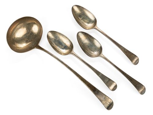 ENGLISH GEORGIAN STERLING SILVER LADLE AND TABLESPOONS, SET OF FOUR