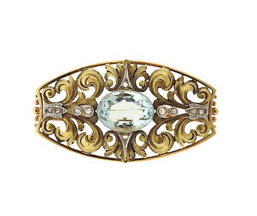 Antique 18K Gold Platinum Diamond Blue Stone Brooch