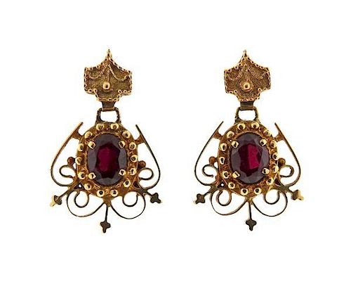 Antique 14K Gold Red Stone Dangle Earrings