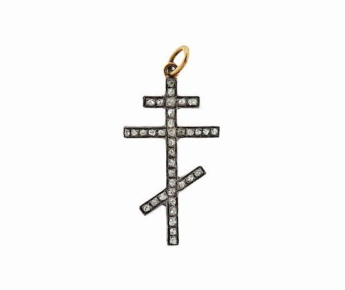 Antique 18K Gold Silver Diamond Orthodox Cross Pendant