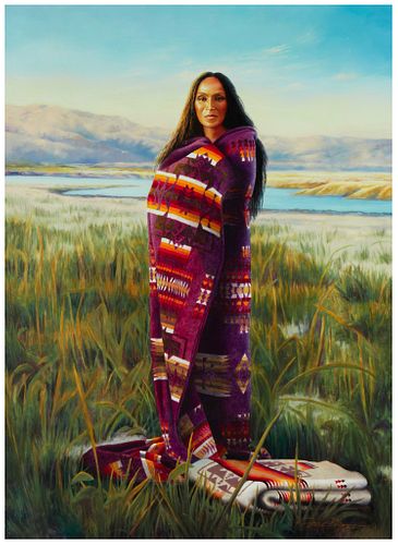 Patricia Dobson (b. 1947), "Sunrise on the Cheyenne," 1992, Oil on canvas, 50" H x 36" W