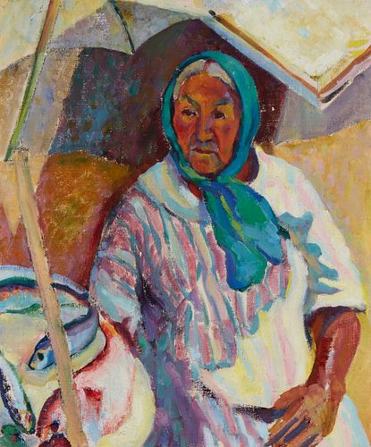 Marjorie Lee Eaton (1901-1986), Woman with headscarf and fish, Oil on canvas, 26" H x 22" W